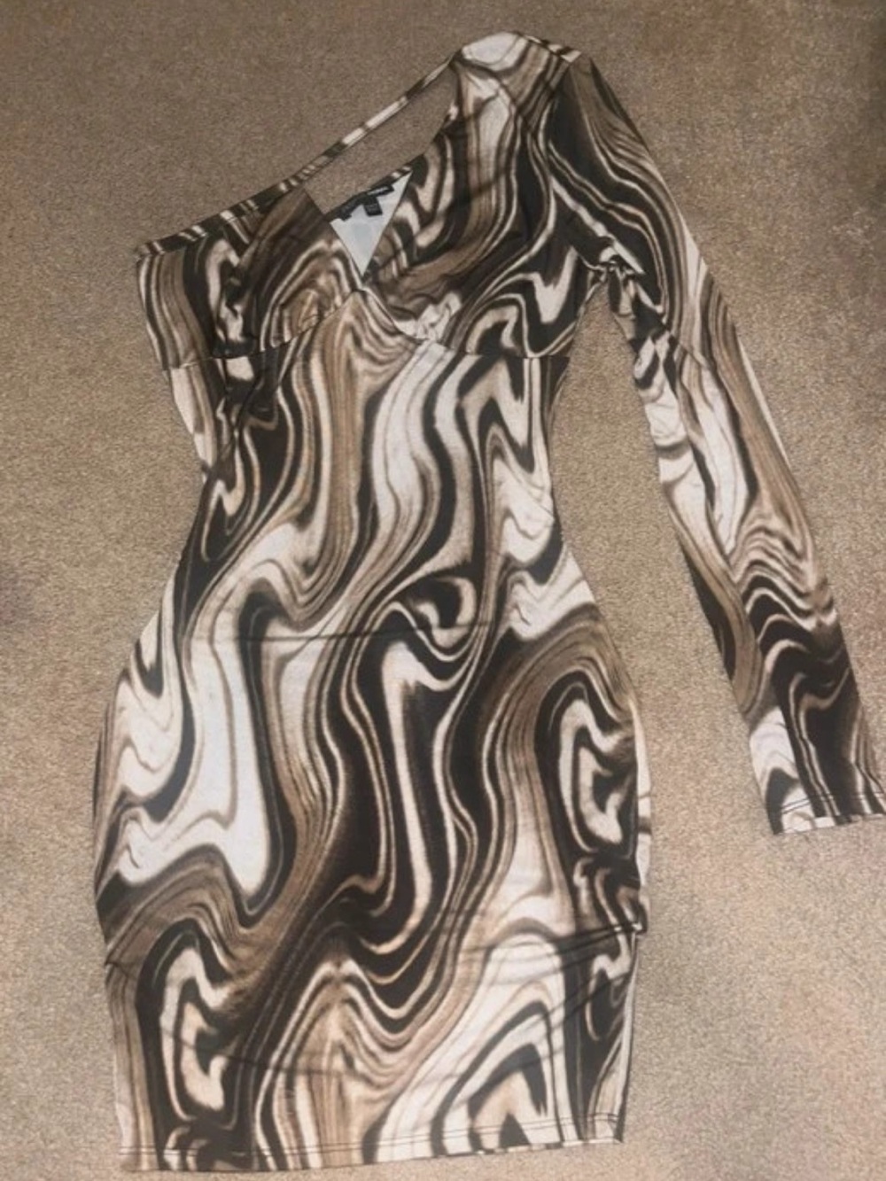 Fashion Nova Brown & Cream Marble-Print Long Sleeve Bodycon Dress